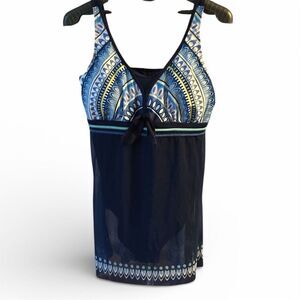 American Trends Women's Plus Size 2XL Blue Geometric Swimdress Swimsuit